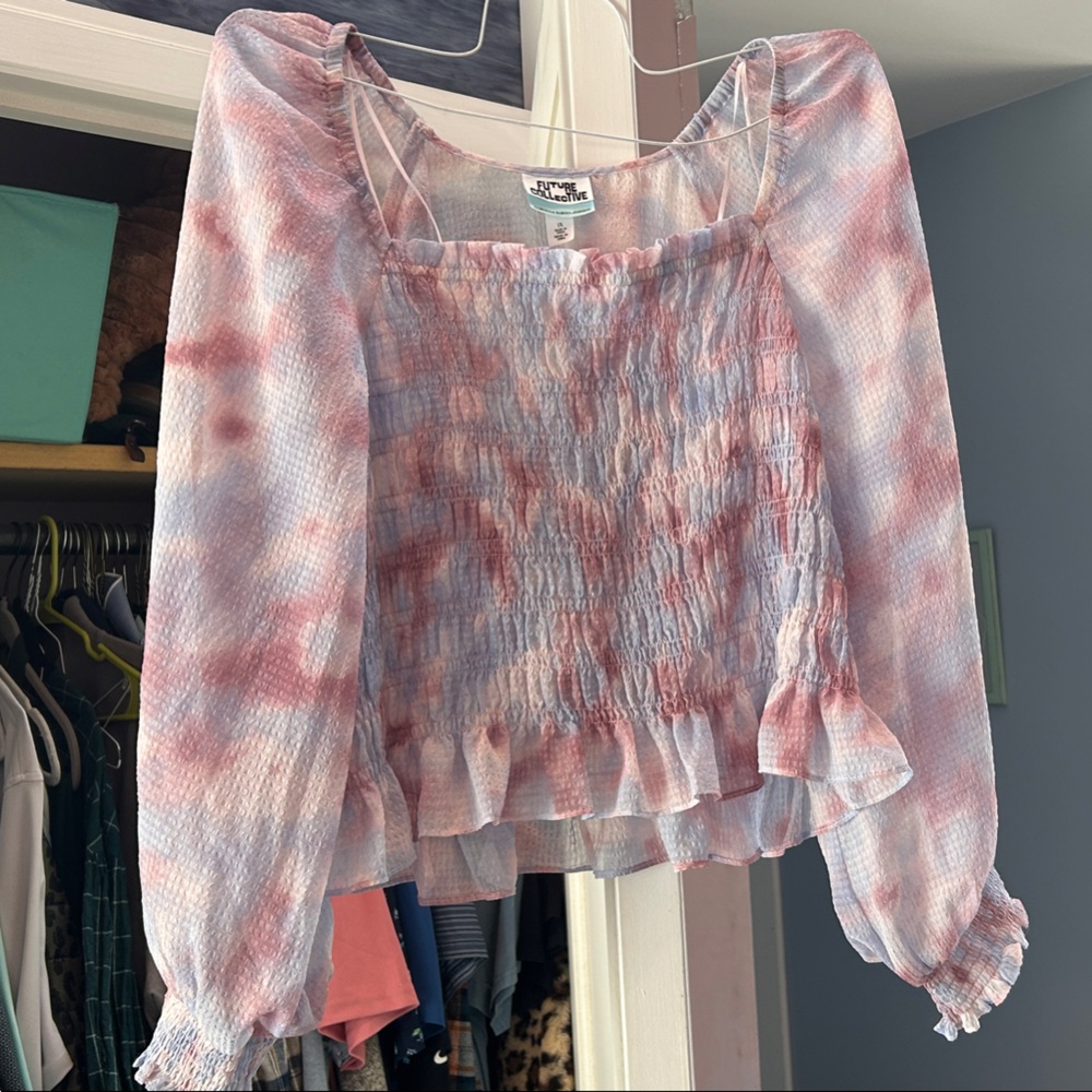 Future Collective Tie-Dye Smocked Long-Sleeve Crop Top